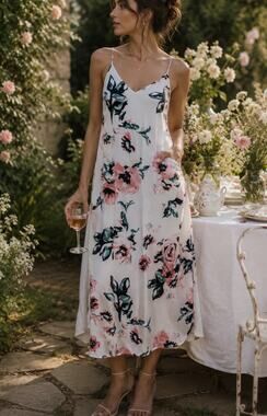 Huskary Floral Slip Dress White Pink Midi Sleeveless Pockets boho summer flowy S
